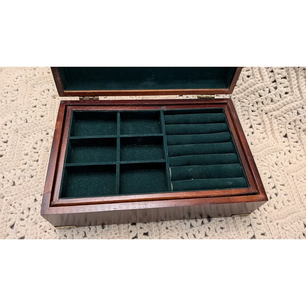 Vintage Wood Jewelry Box Brass Corner Campaign Style Green Velvet Lining 11x7x4